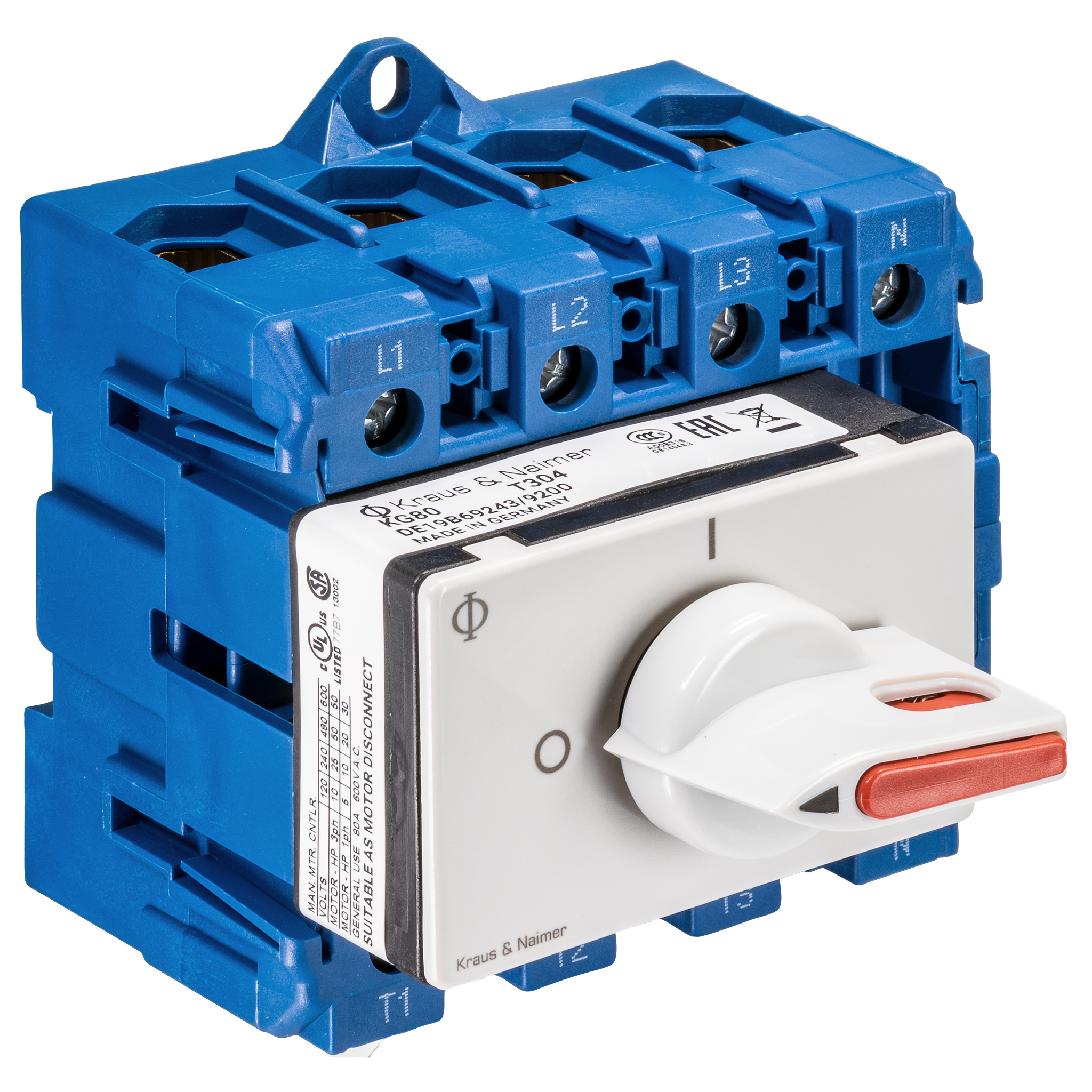 Main switch; ON/OFF switch; 4-pole; 0-I; Base mounting/DIN rail mounting; Padlock Device; electric gray, locking bar flag red