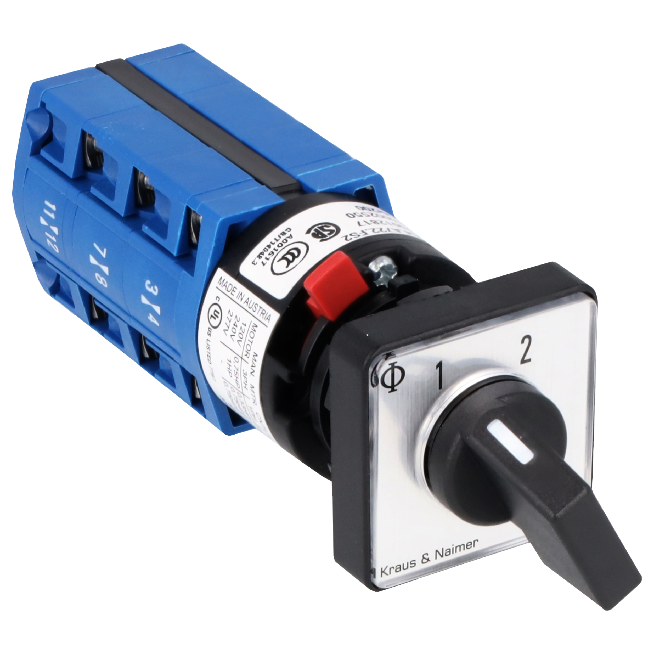 Changeover switch w/o OFF, isol. cont.; 3-pole; 1-2; single hole mounting