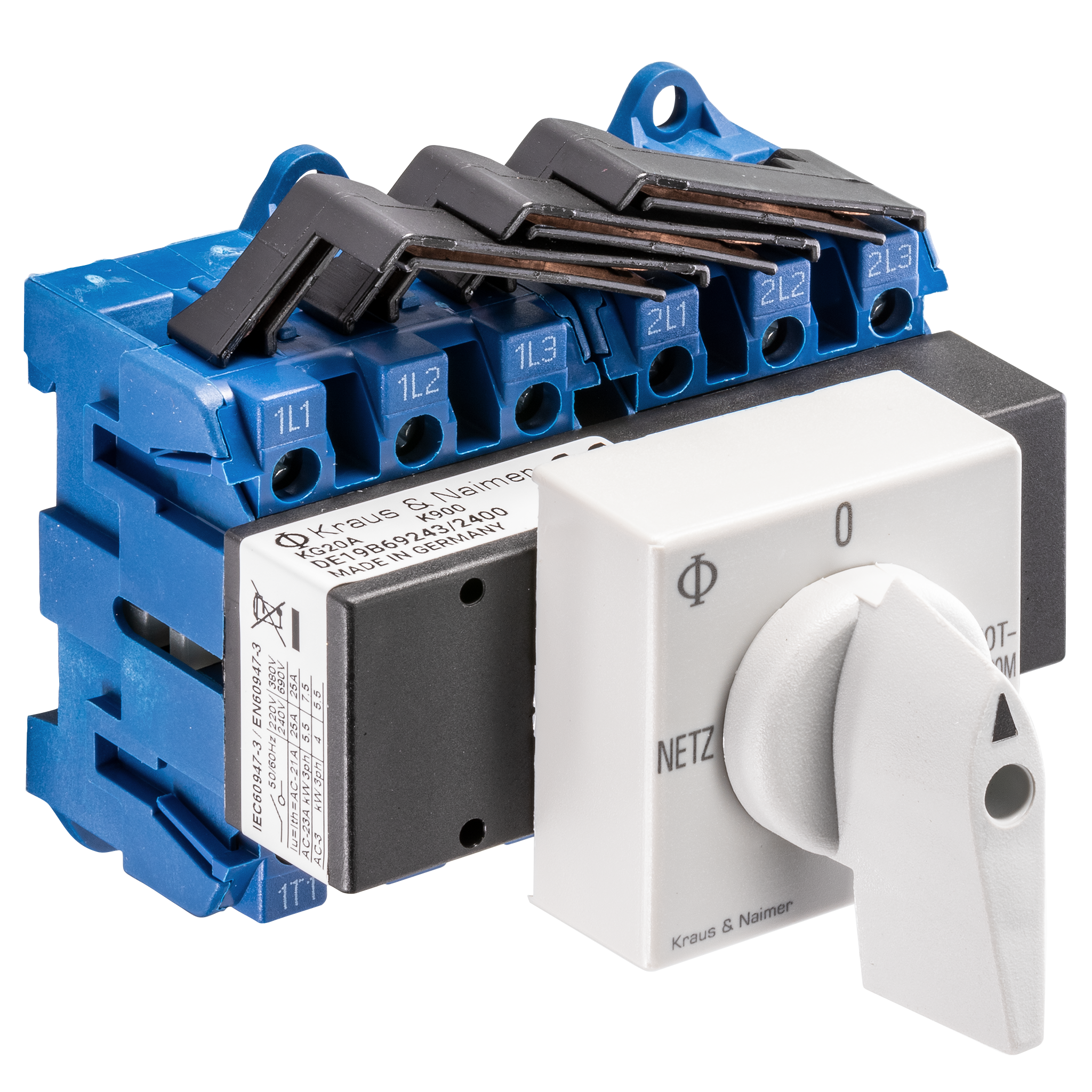 Changeover switch w. OFF; 3-pole; NETZ-0-NOTSTROM; Base mounting/DIN rail mounting