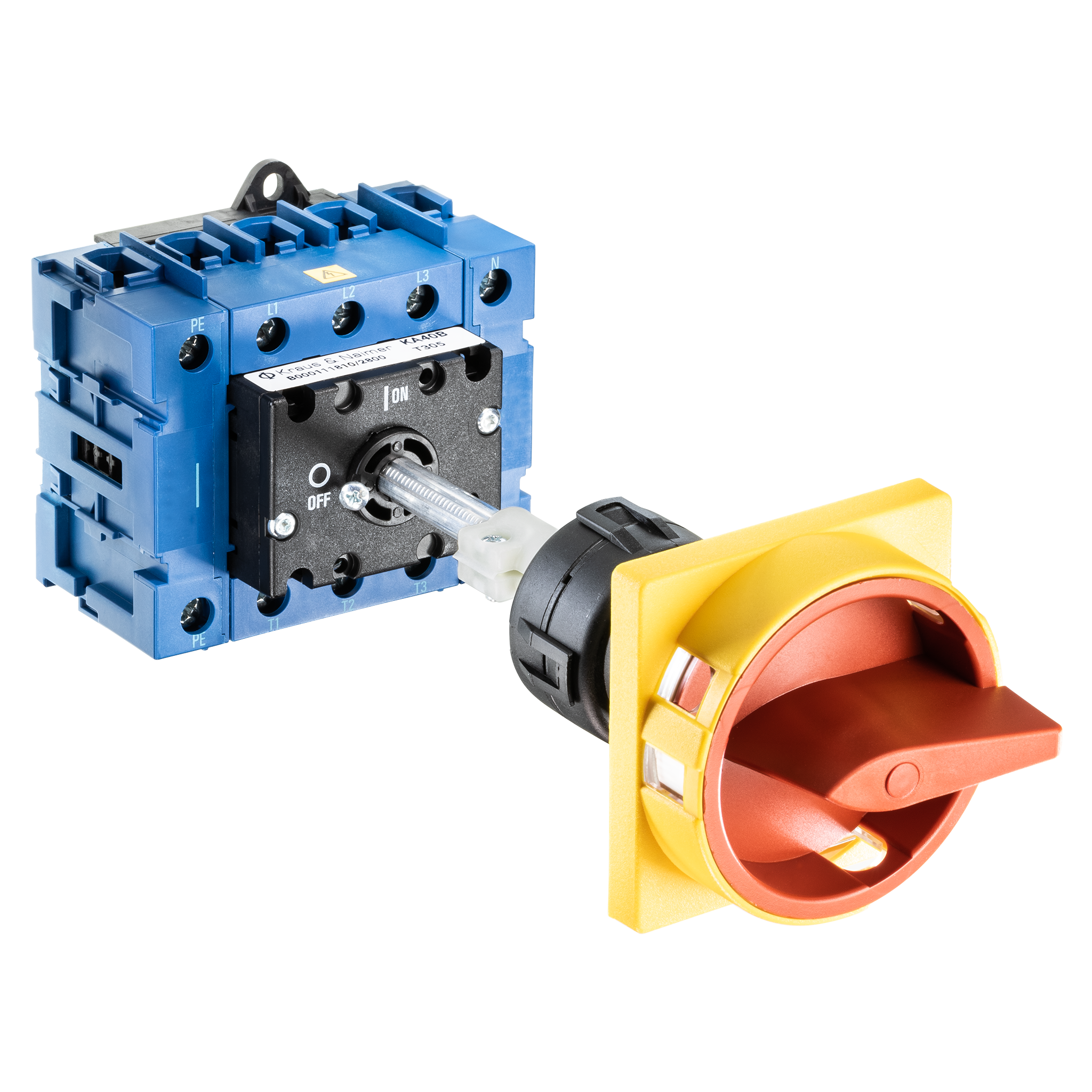Main switch; ON/OFF switch + PE/N; 3-pole; 0-I; Base mounting/DIN rail mounting; Padlock Device; red, yellow; Shaft Extension; Centering Aid