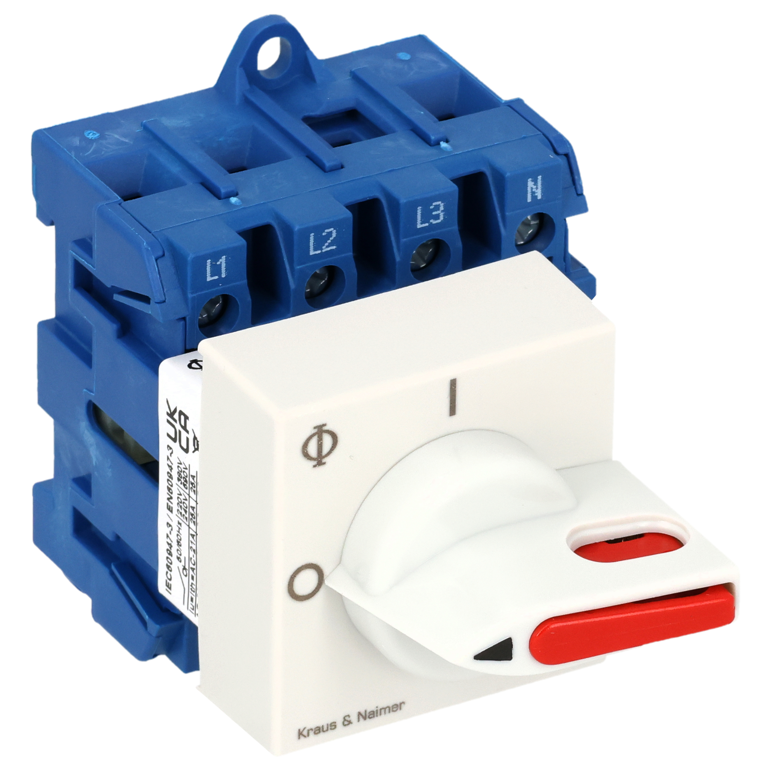 Hauptschalter; Ausschalter; 4-polig; 0-I; Verteilereinbau/Reiheneinbau; Sperrvorrichtung; elektrograu, Sperrschieber rot