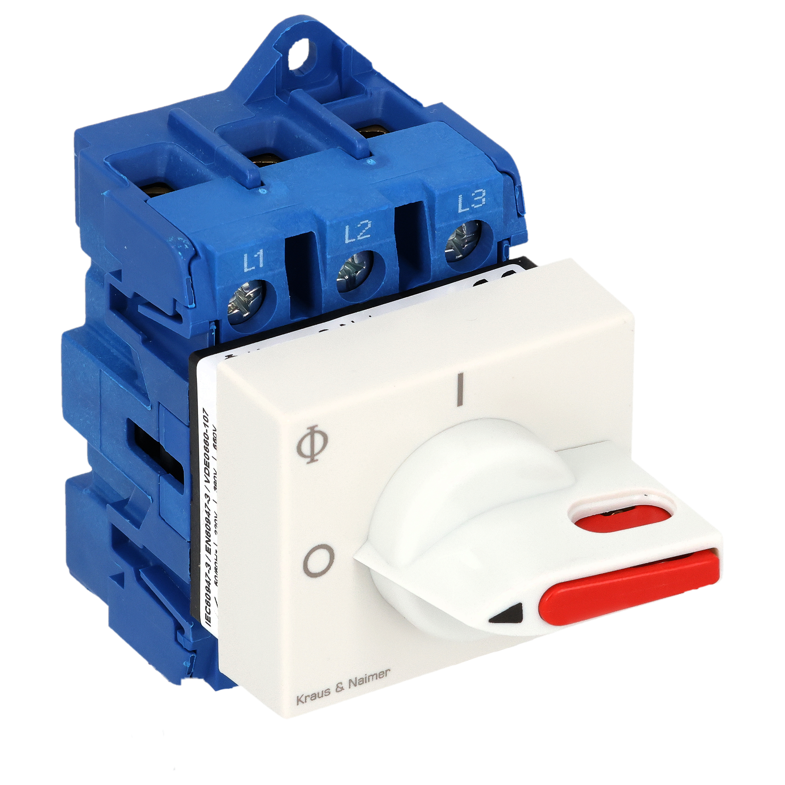 Main switch; ON/OFF switch; 3-pole; 0-I; Base mounting/DIN rail mounting; Padlock Device; electric gray, locking bar flag red