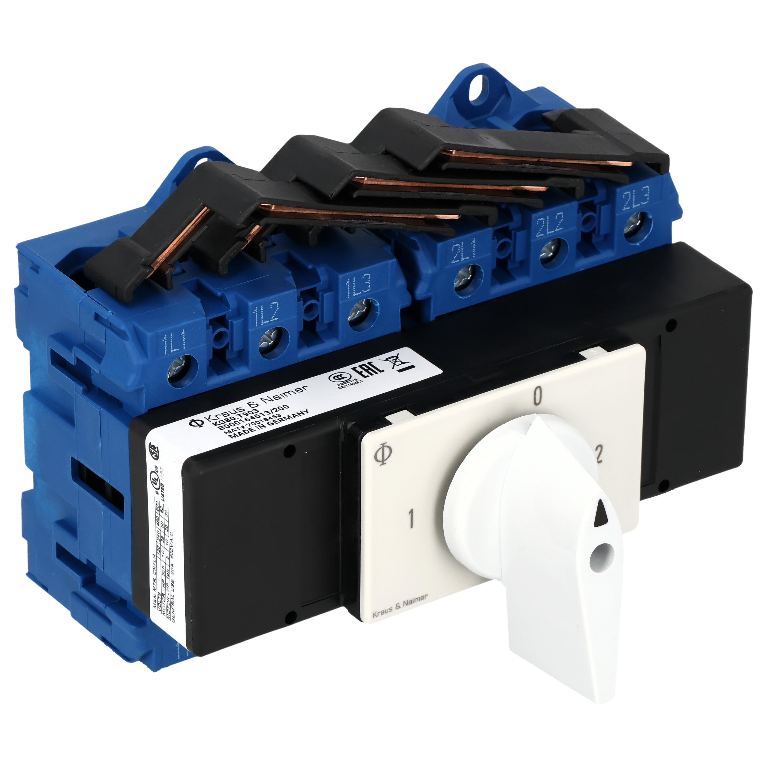 Changeover switch w. OFF; 3-pole; 1-0-2; Base mounting/DIN rail mounting