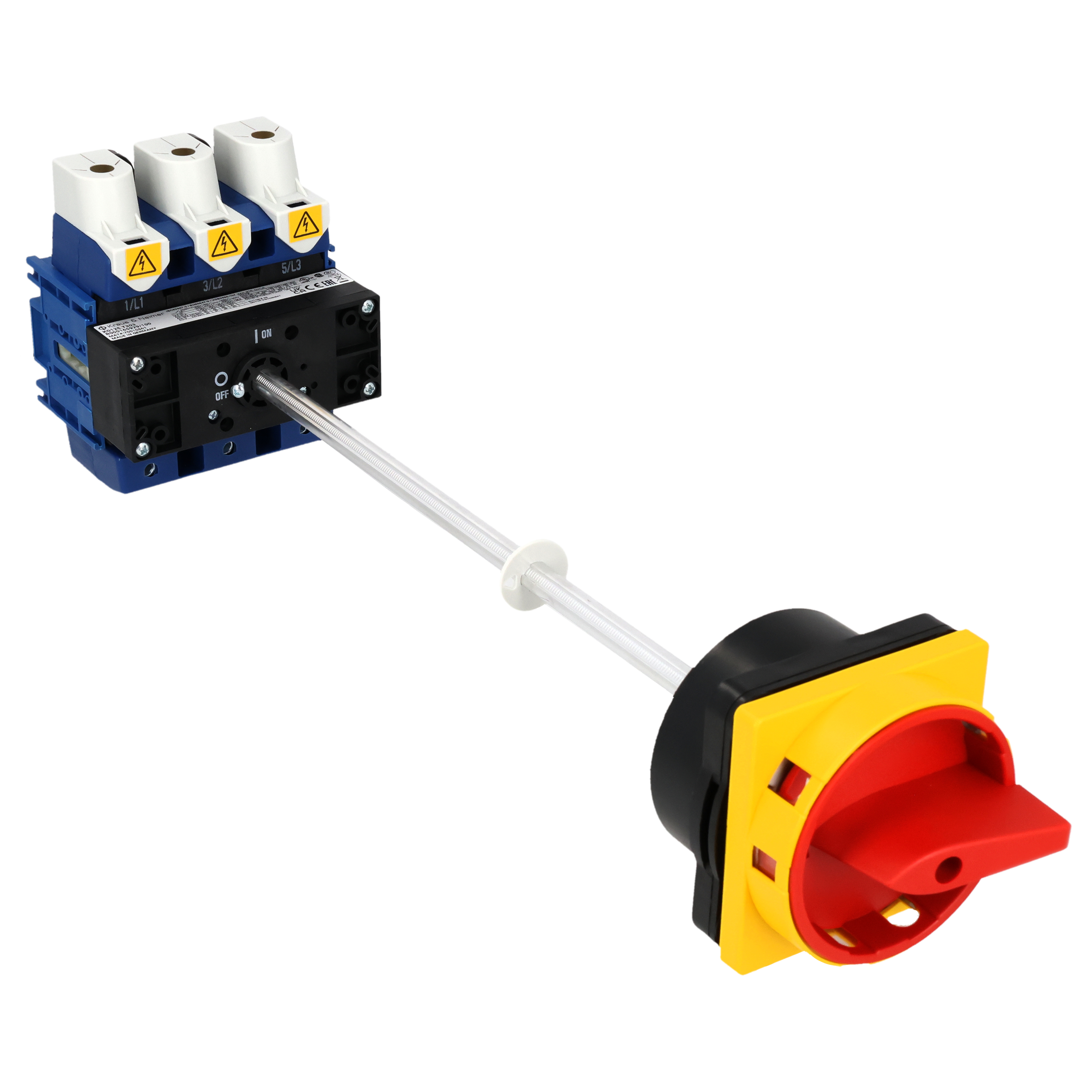 Main switch; ON/OFF switch; 3-pole; 0-I; Base mounting; Padlock Device; red; Door Clutch; Shaft Extension; Terminal Cover