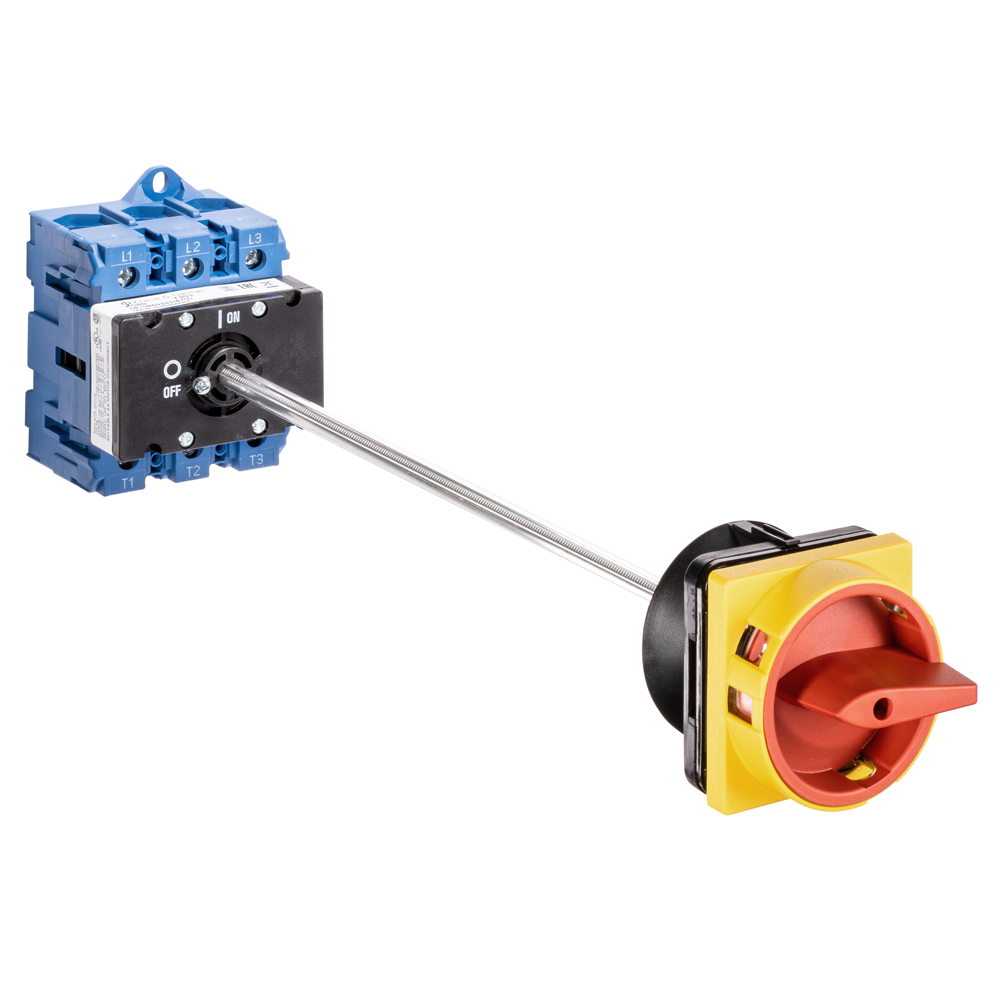 Hauptschalter; Ausschalter; 3-polig; 0-I; Verteilereinbau/Reiheneinbau; Sperrvorrichtung; rot; Türkupplung; Achsverlängerung; Klemmenabdeckung