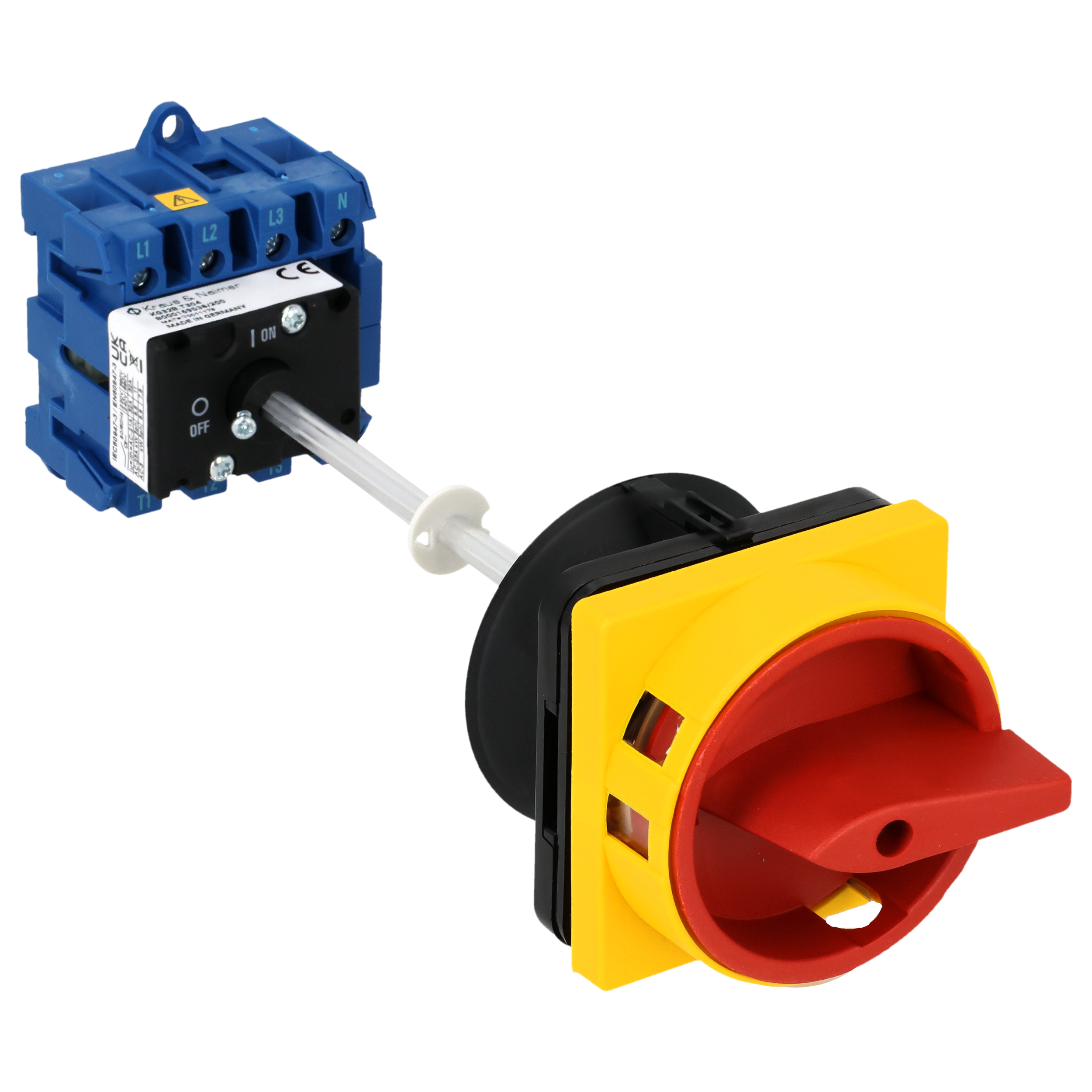 Main switch; ON/OFF switch; 4-pole; 0-I; Base mounting/DIN rail mounting; Padlock Device; red; Door Clutch; Shaft Extension