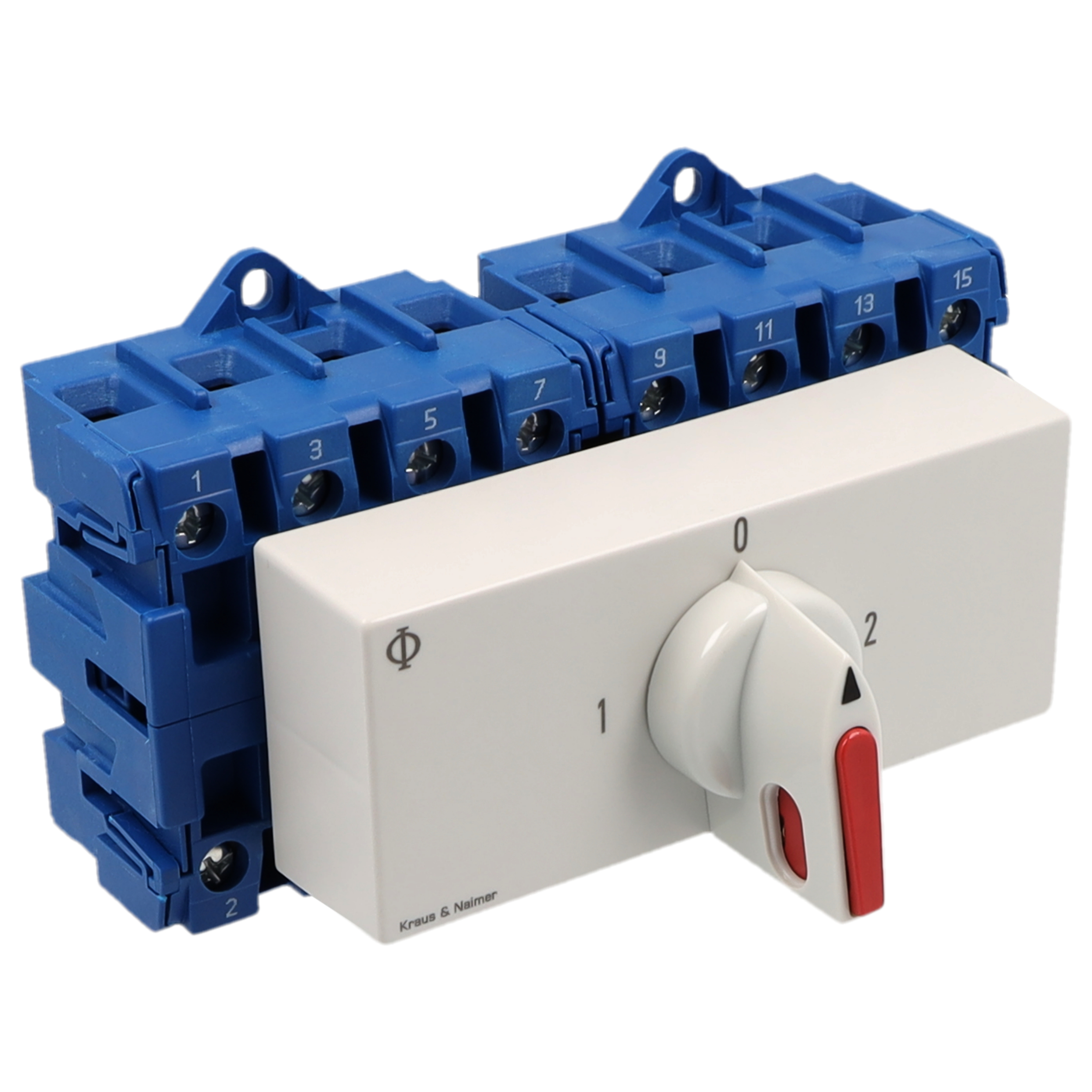 DC - Main switch; Changeover switch w. OFF, isol. cont.; 4-pole; 1-0-2; Base mounting/DIN rail mounting; Padlock Device; electric gray, locking bar flag red