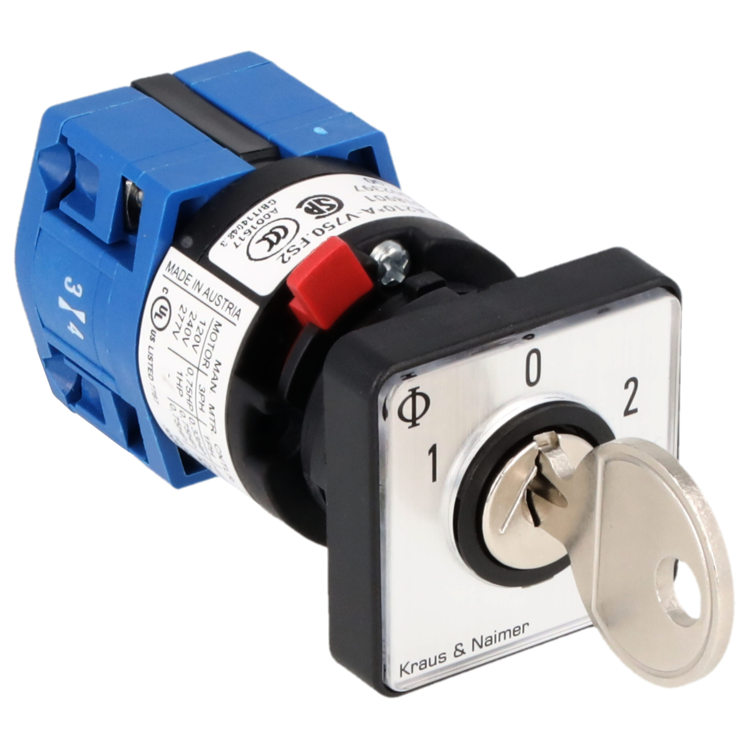 Key switch; Changeover switch w. OFF; 1-pole; 1-0-2; single hole mounting; Key-Lock Device