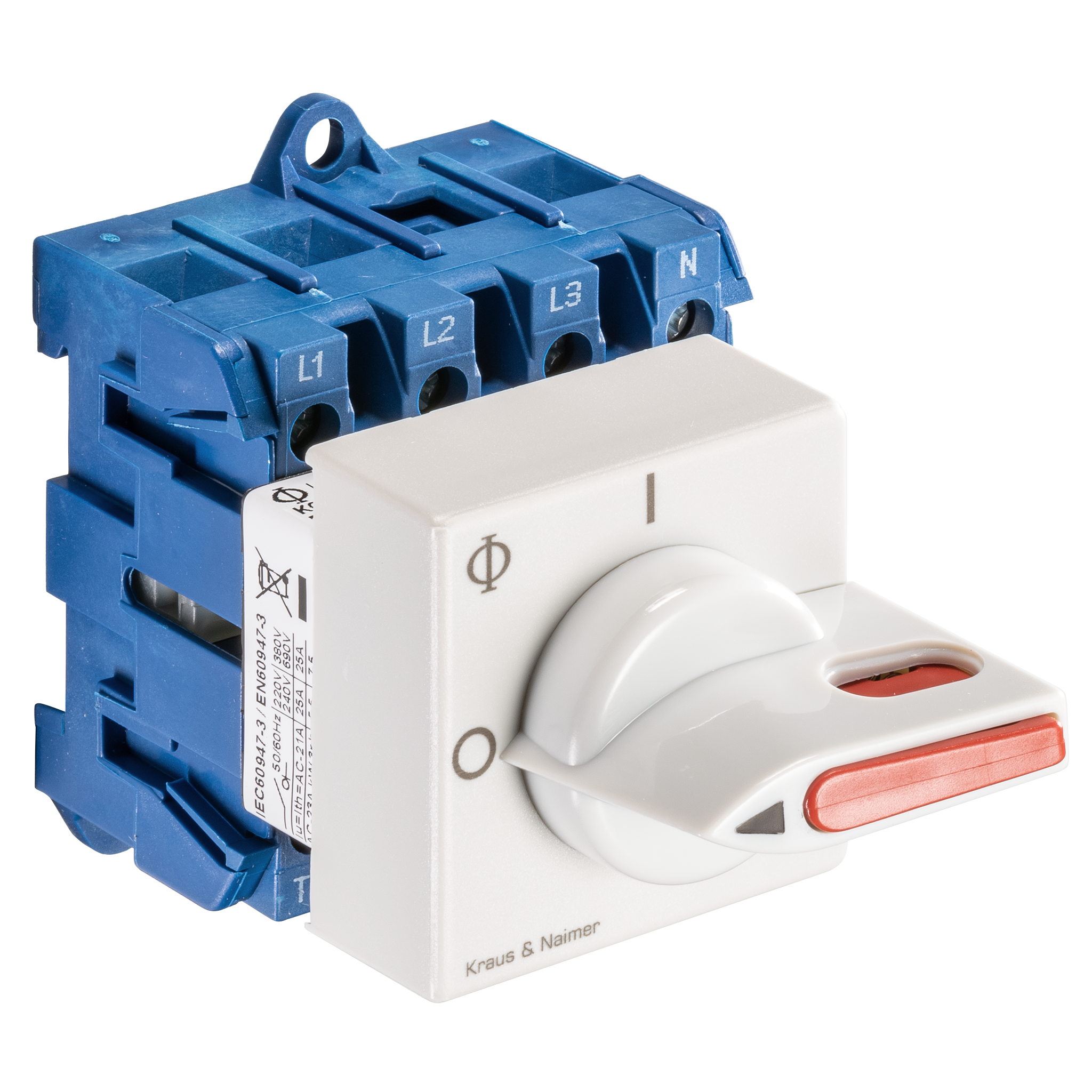 Main switch; ON/OFF switch; 4-pole; 0-I; Base mounting/DIN rail mounting; Padlock Device; electric gray, locking bar flag red