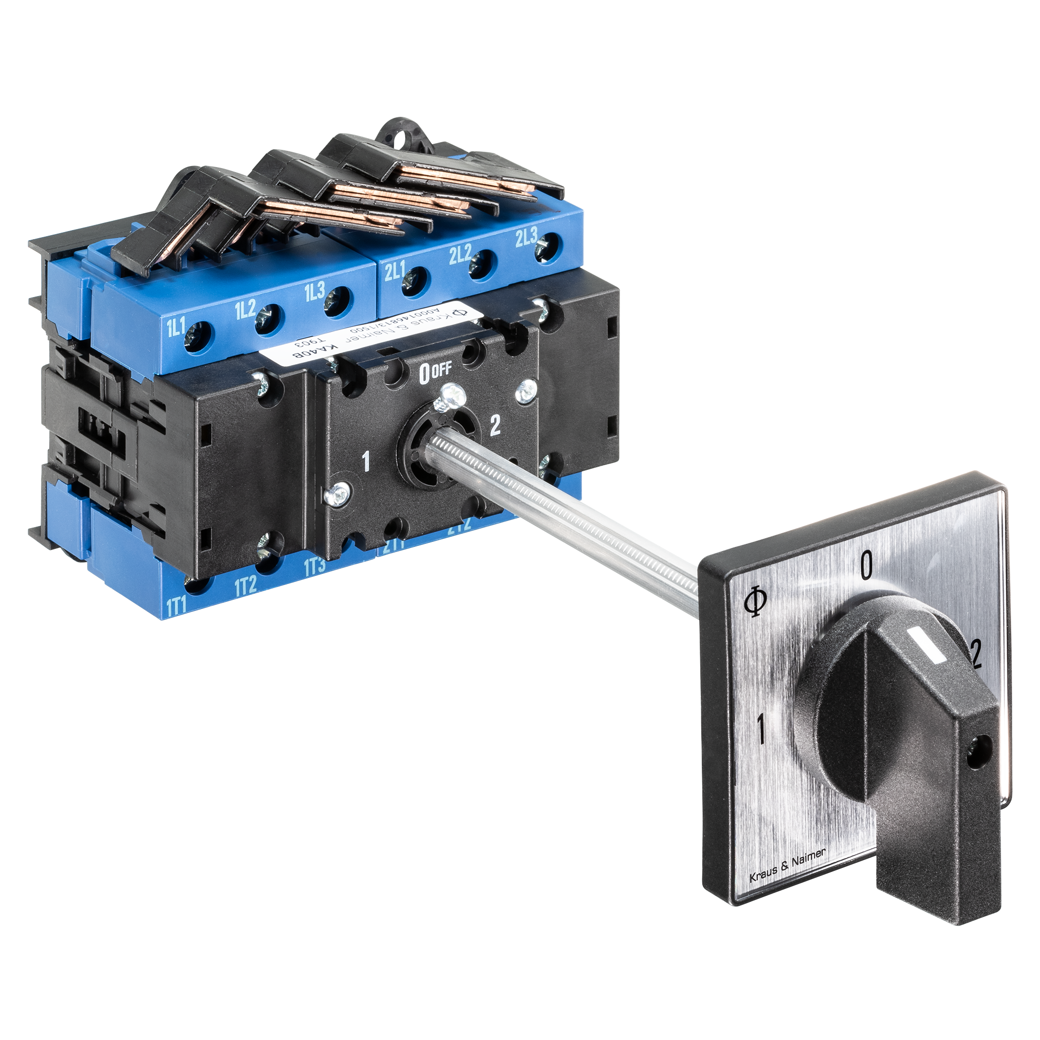 Changeover switch w. OFF; 3-pole; 1-0-2; Base mounting/DIN rail mounting; Shaft Extension