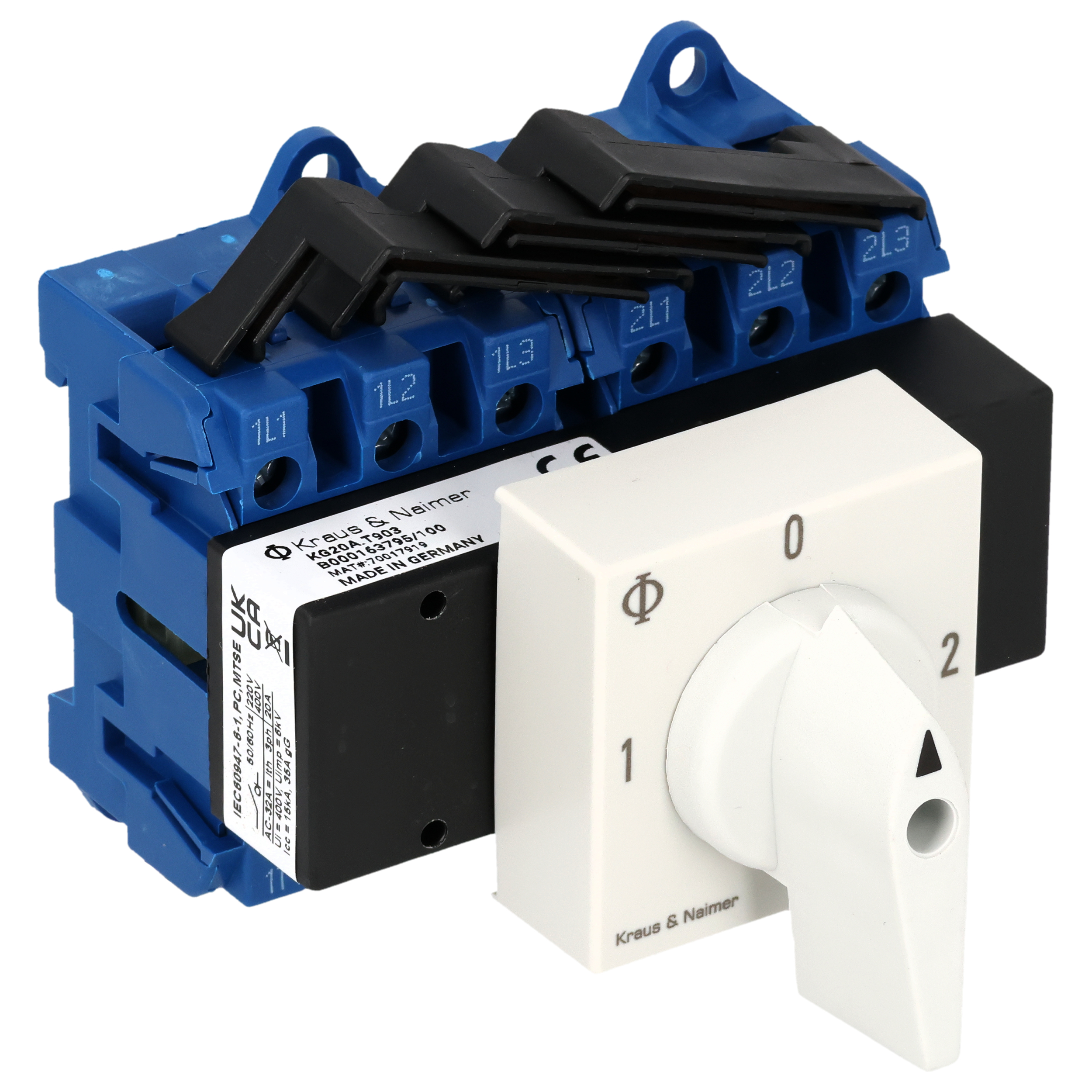 Changeover switch w. OFF; 3-pole; 1-0-2; Base mounting/DIN rail mounting