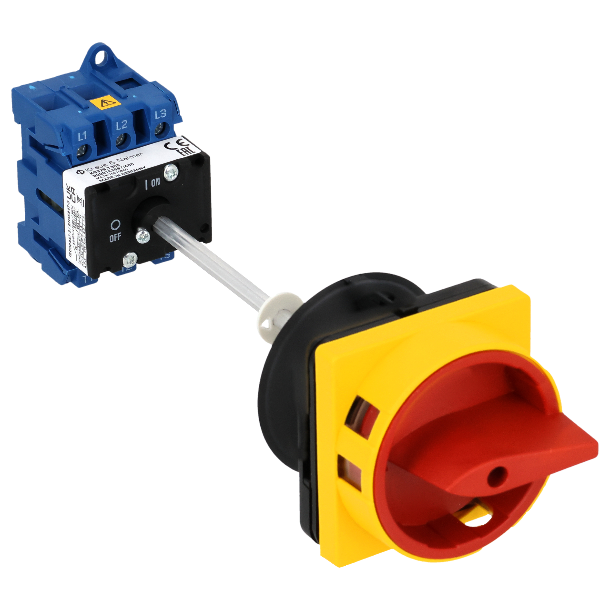 Main switch; ON/OFF switch; 3-pole; 0-I; Base mounting/DIN rail mounting; Padlock Device; red; Door Clutch; Shaft Extension