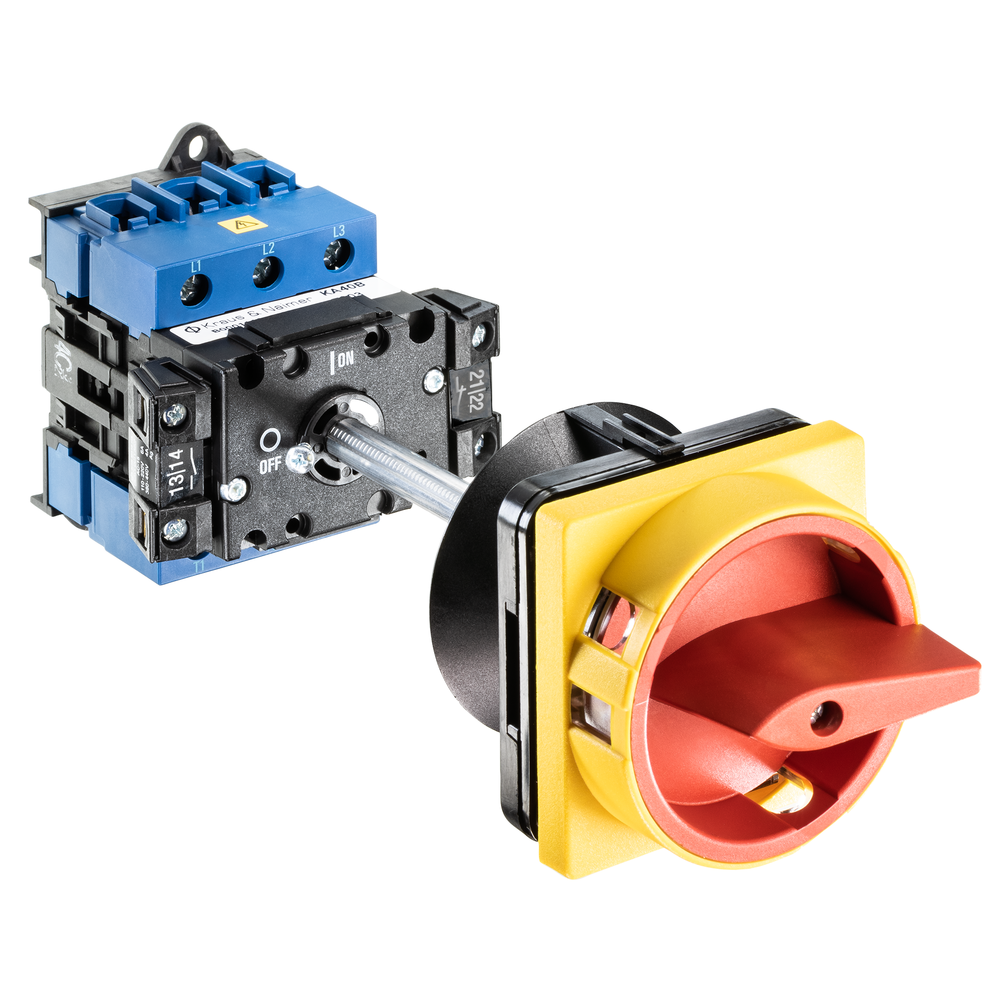 Hauptschalter; Ausschalter; 3-polig; 0-I; Verteilereinbau/Reiheneinbau; Sperrvorrichtung; rot; Türkupplung; Hilfskontakt