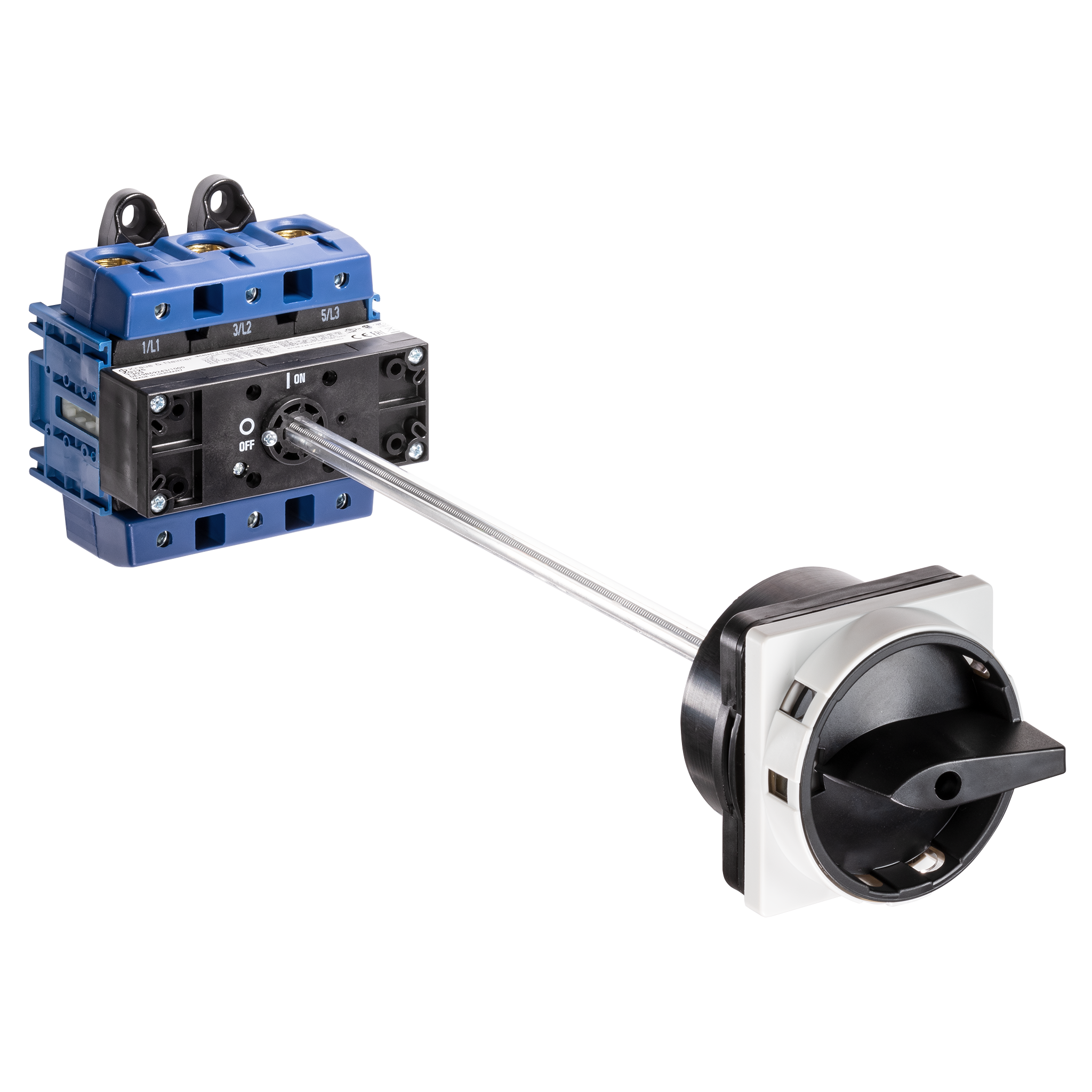 Main switch; ON/OFF switch; 3-pole; 0-I; Base mounting; Padlock Device; black; Door Clutch; Shaft Extension; Terminal Cover