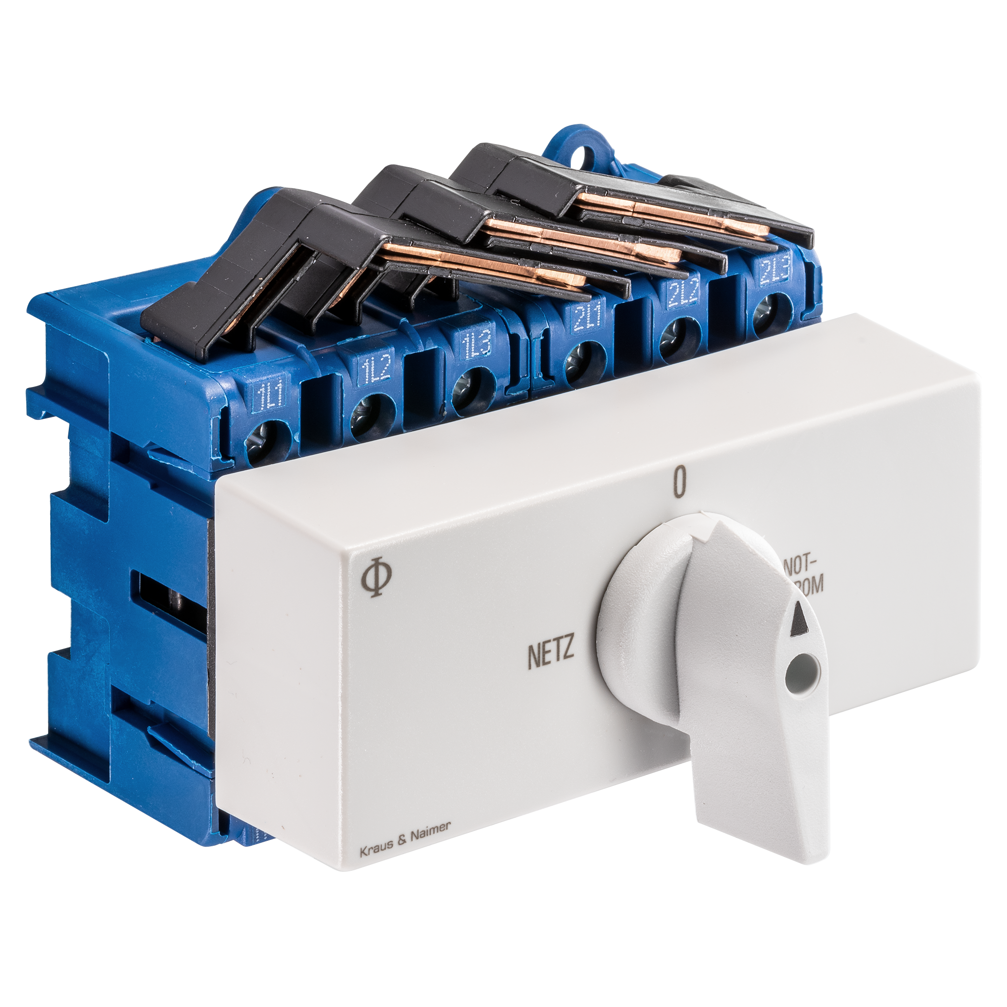 Changeover switch w. OFF; 3-pole; NETZ-0-NOTSTROM; Base mounting/DIN rail mounting