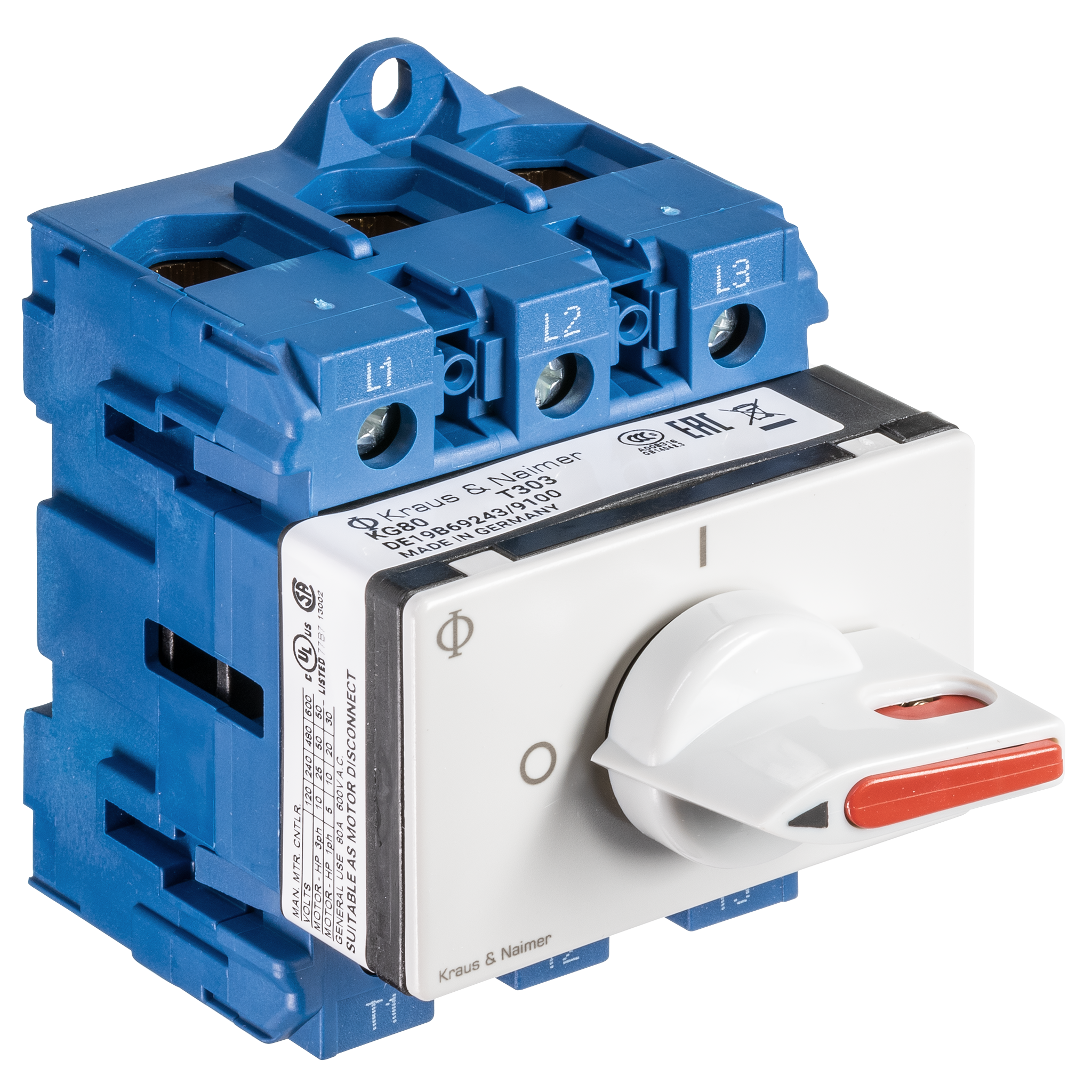 Hauptschalter; Ausschalter; 3-polig; 0-I; Verteilereinbau/Reiheneinbau; Sperrvorrichtung; elektrograu, Sperrschieber rot