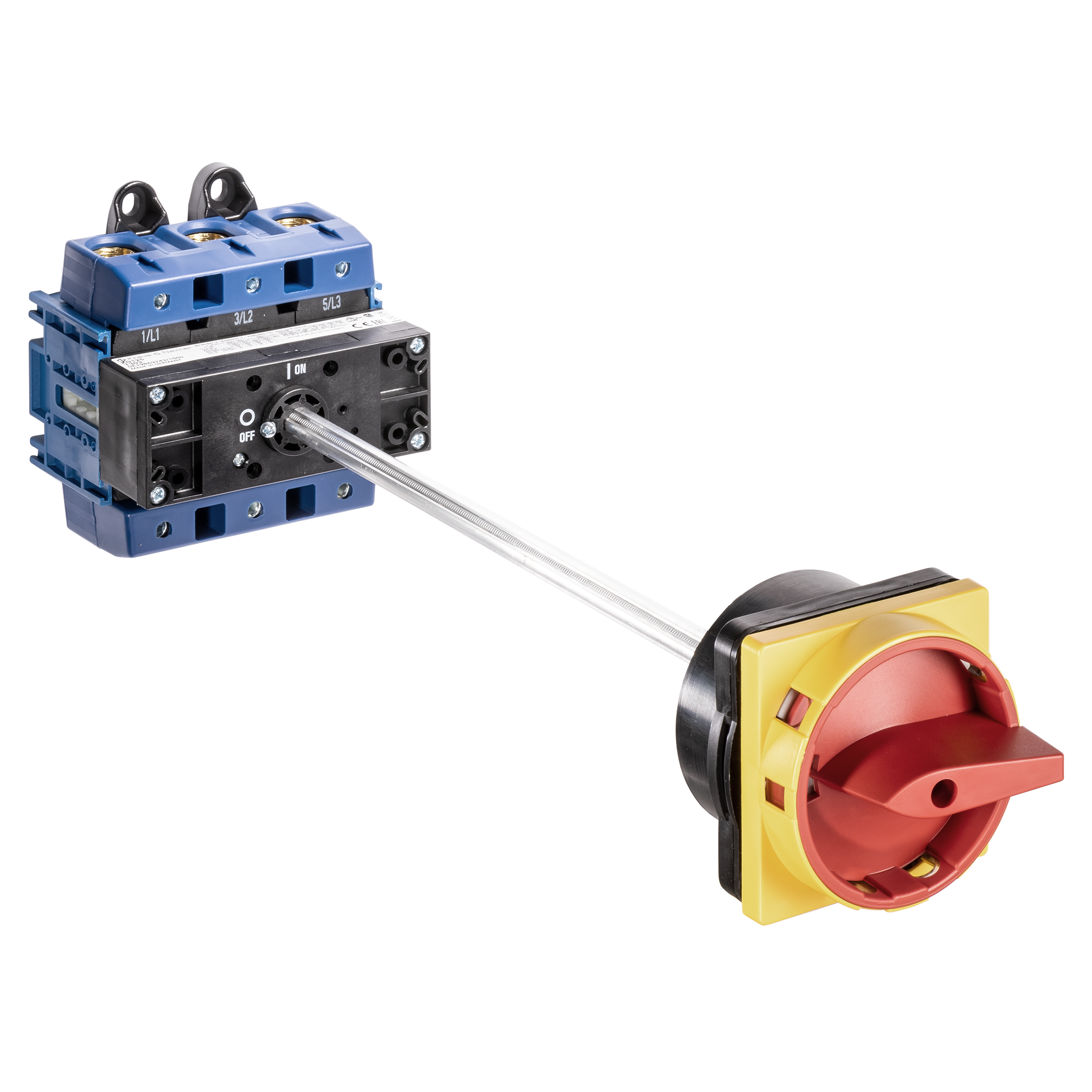 Main switch; ON/OFF switch; 3-pole; 0-I; Base mounting; Padlock Device; red; Door Clutch; Shaft Extension; Terminal Cover