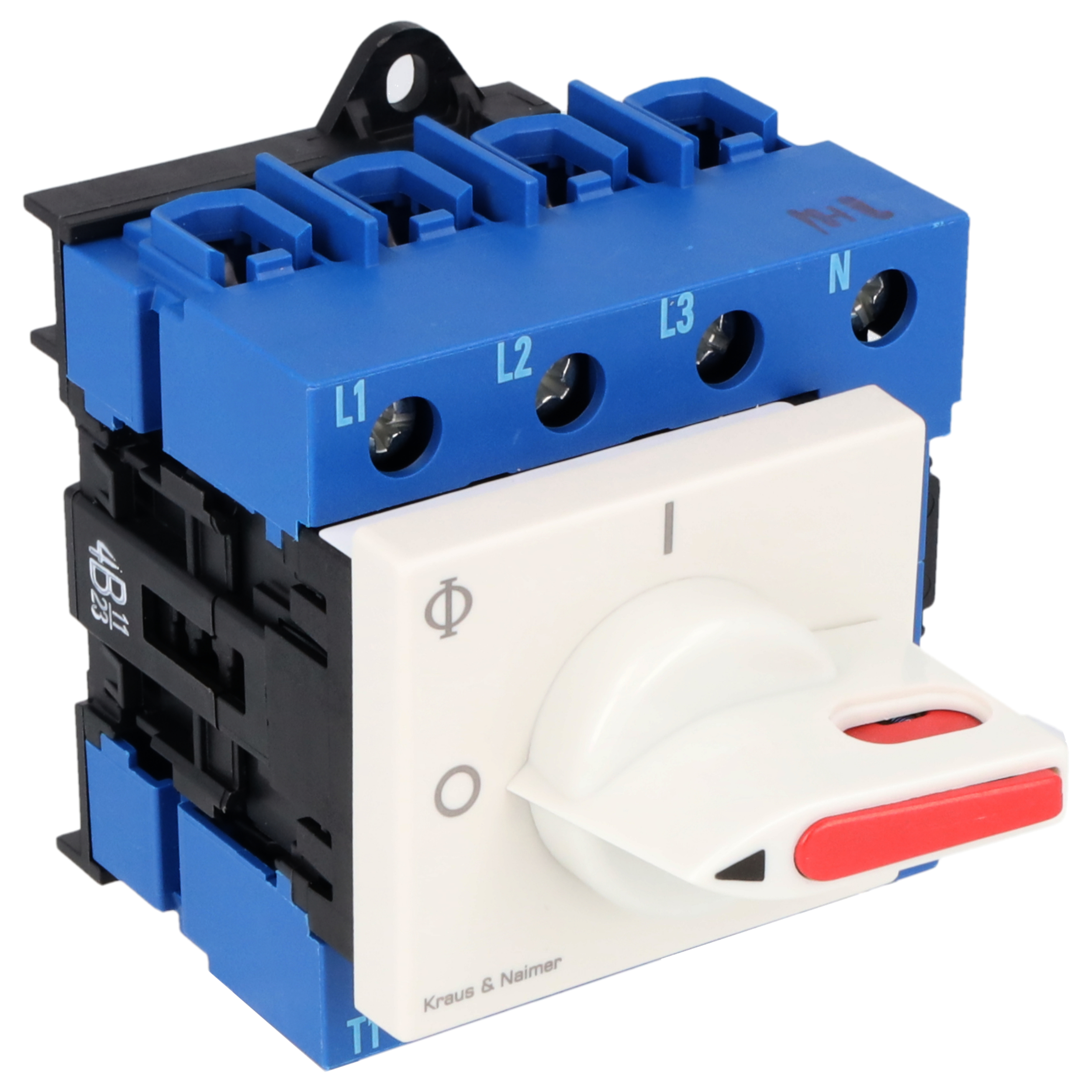 Hauptschalter; Ausschalter; 4-polig; 0-I; Verteilereinbau/Reiheneinbau; Sperrvorrichtung; elektrograu, Sperrschieber rot