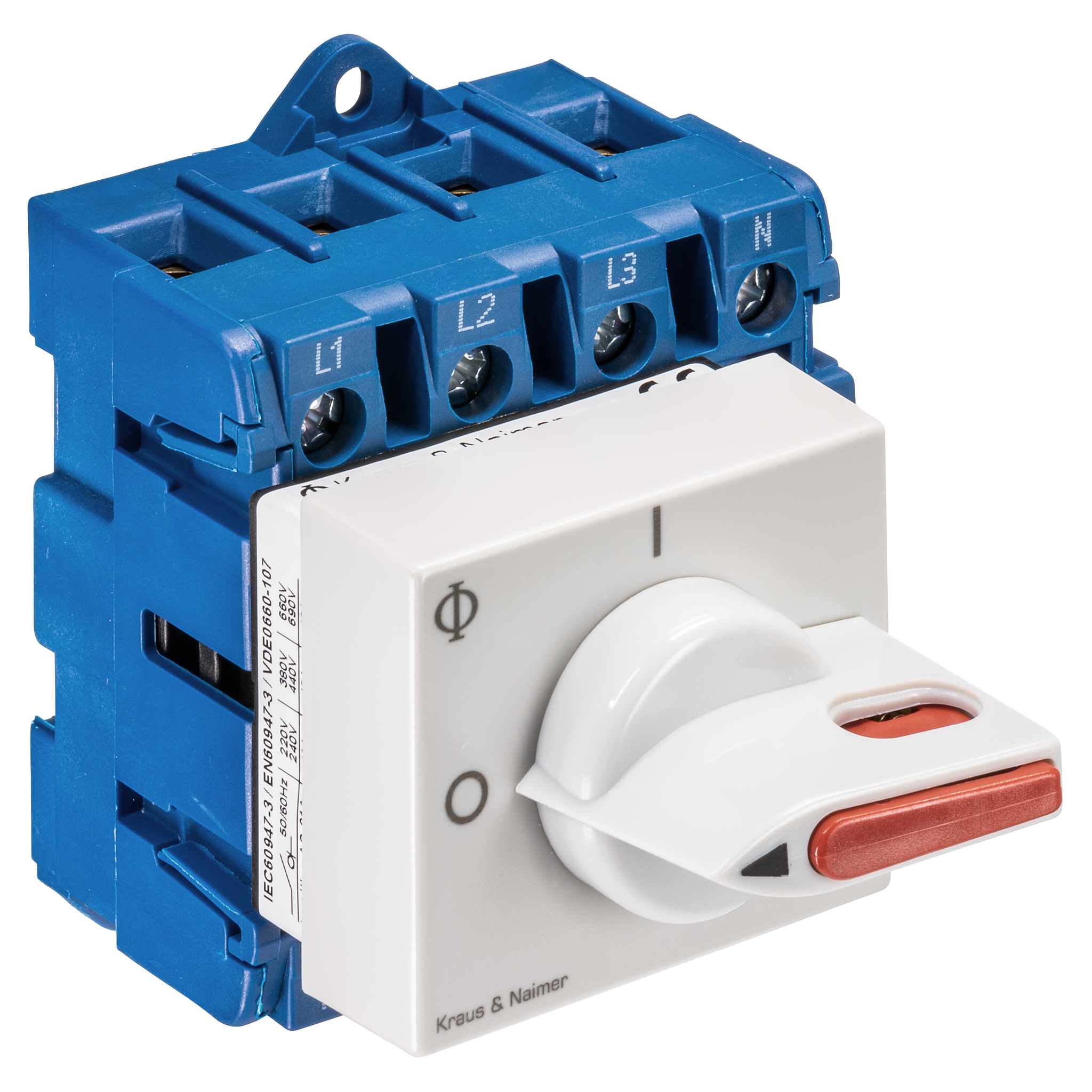 Hauptschalter; Ausschalter; 4-polig; 0-I; Verteilereinbau/Reiheneinbau; Sperrvorrichtung; elektrograu, Sperrschieber rot