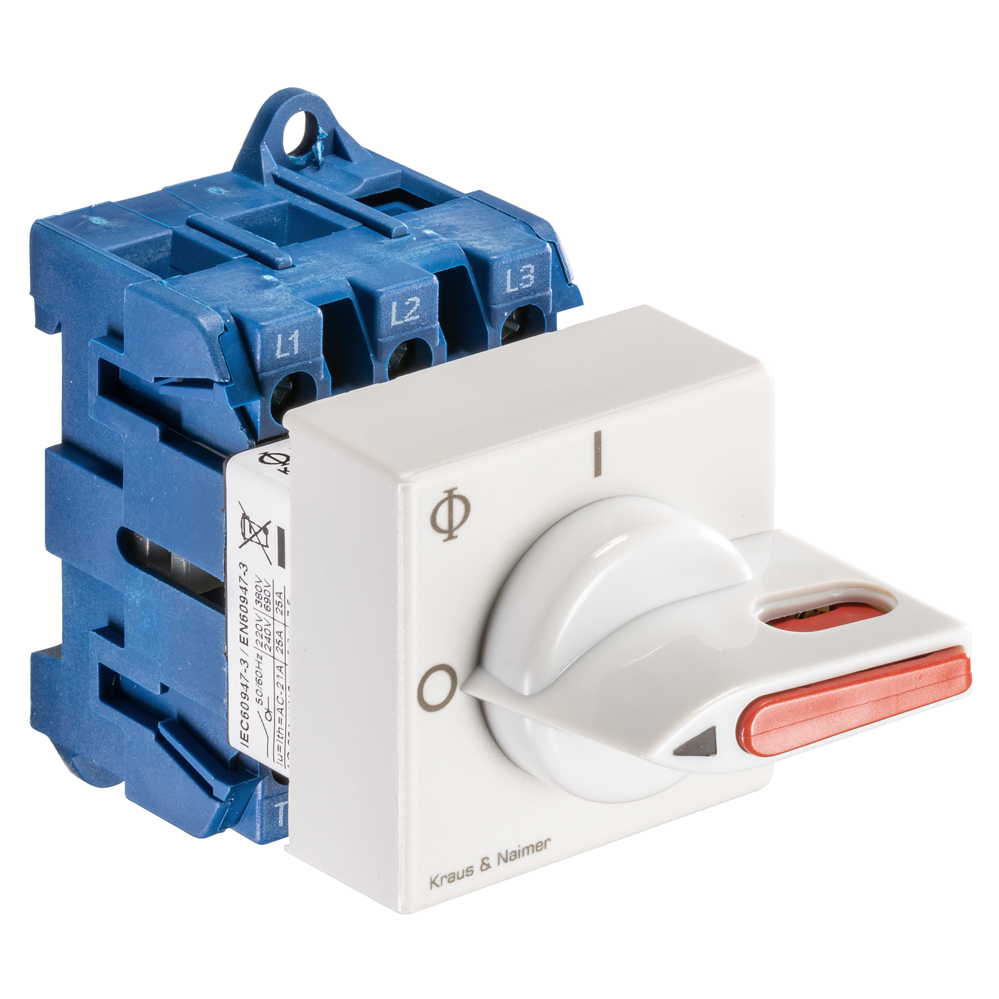 Main switch; ON/OFF switch; 3-pole; 0-I; Base mounting/DIN rail mounting; Padlock Device; electric gray, locking bar flag red