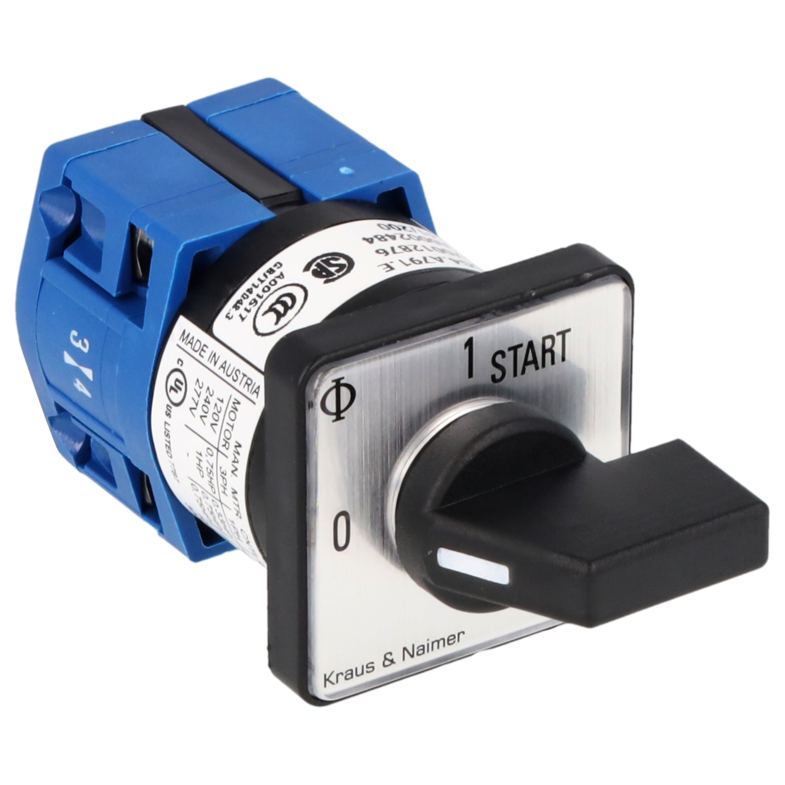 Ein-Aus-Schalter, galv.getr.; 0-1-START; Fronteinbau 2-Loch