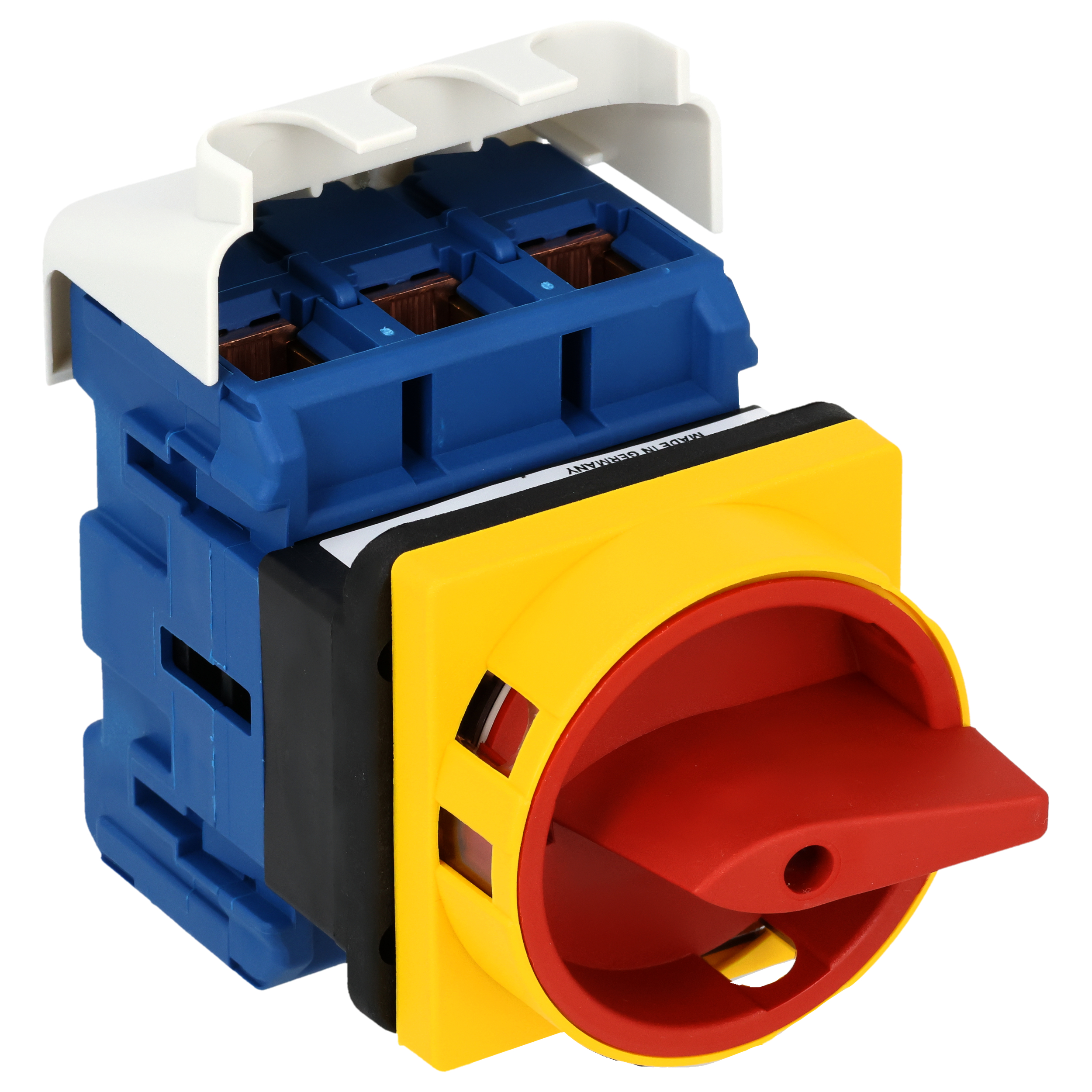 Hauptschalter; Ausschalter; 3-polig; 0-I; Fronteinbau 4-Loch; Sperrvorrichtung; rot; Klemmenabdeckung