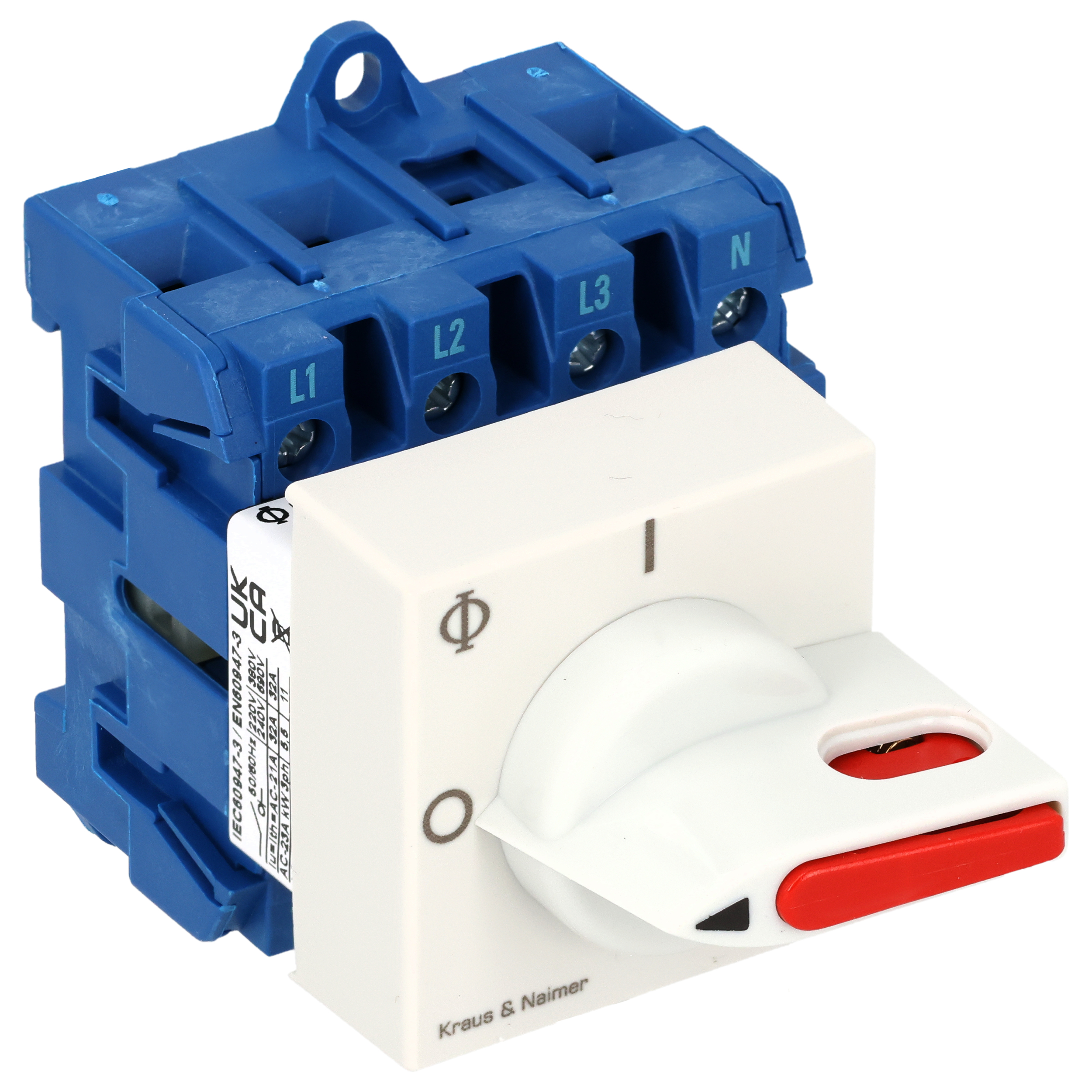 Main switch; ON/OFF switch; 4-pole; 0-I; Base mounting/DIN rail mounting; Padlock Device; electric gray, locking bar flag red